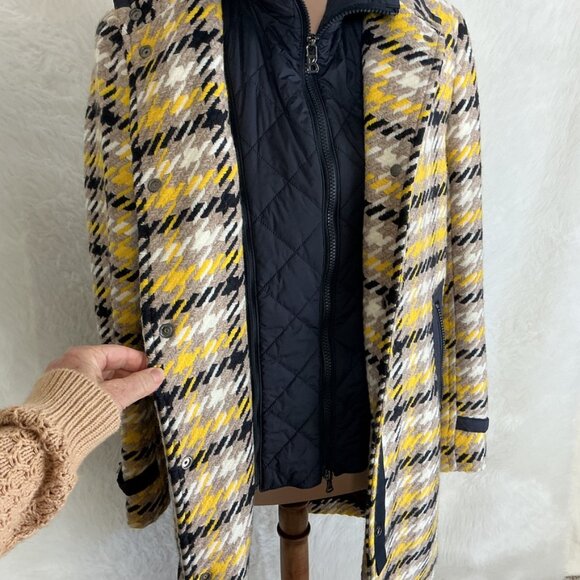 Bogner Black, Yellow, Tan Check Kerri-D Wool Blend Removable Hooded Coat M - Picture 2 of 10